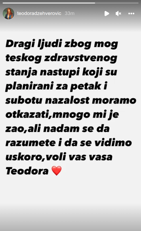 teodora džehverović otkazala nastupe 