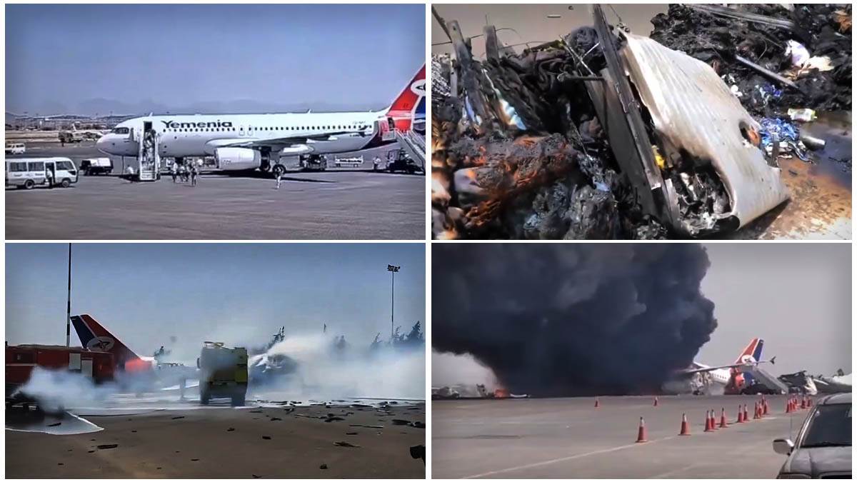   Ljudi se razbežali na sve strane, vidi se kako dolijeće projektil i razara avion  