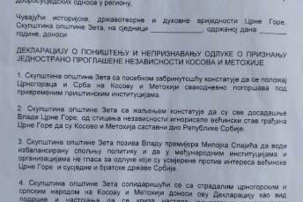 Deklaracija o povlačenju priznanja Kosova na području Zete dostavljena lokalnom parlamentu Info Deklaracija o povlačenju priznanja Kosova na području Zete dostavljena lokalnom parlamentu Info