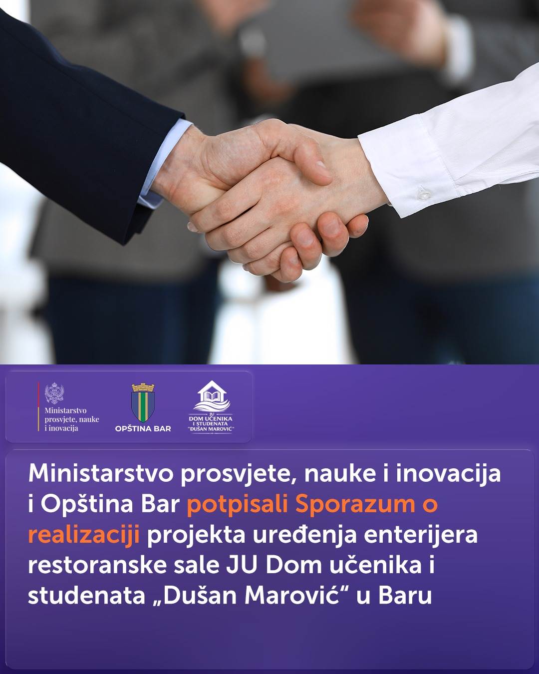  Potpisan sporazum za uređenje restoranske sale Doma učenika i studenata u Baru 