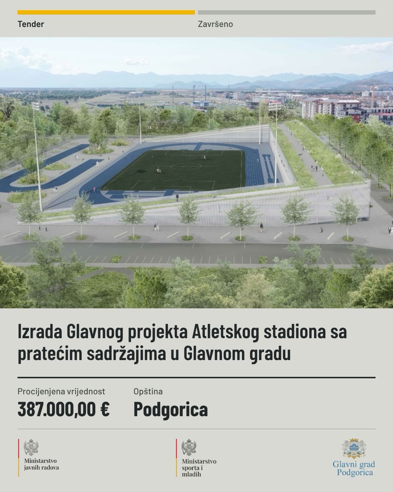  Raspisan tender za izradu Glavnog projekta Atletskog stadiona u Podgorici 