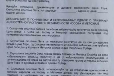 Deklaracija o povlačenju priznanja Kosova na teritoriji Zete predata lokalnom parlamentu 